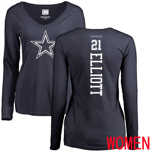 Women Dallas Cowboys Navy Blue Ezekiel Elliott Backer Slim Fit #21 Long Sleeve Nike NFL T Shirt